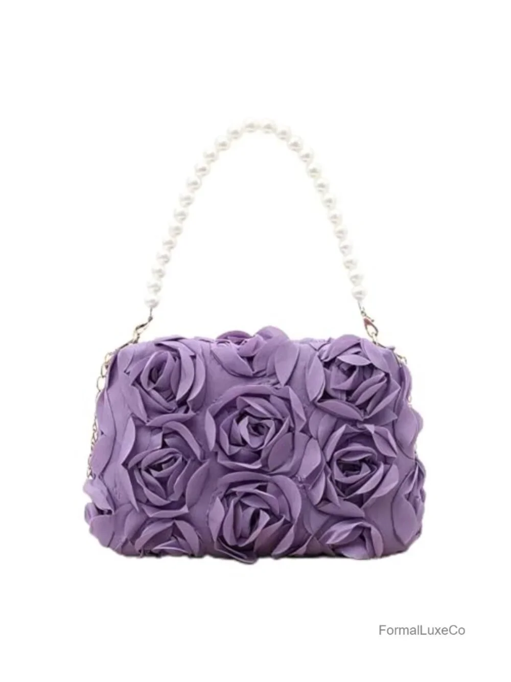 3D Floral Evening Clutch Purse with Pearl Beaded Top Handle and Crossbody Strap